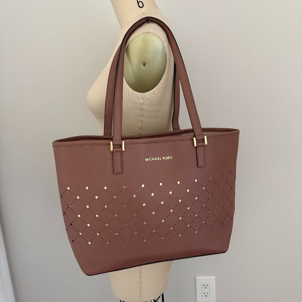 Michael Kors Dusty Rose Perforated Gold Saffiano Leather Corporate Chic Tote